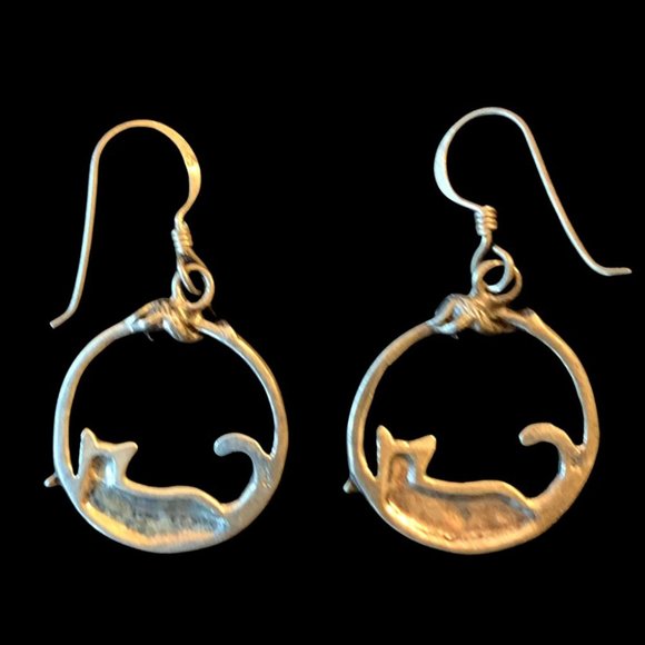 Vintage 925 Sterling Silver Cat & Mouse Earrings with Ear Wires 1" Drops - Picture 3 of 4